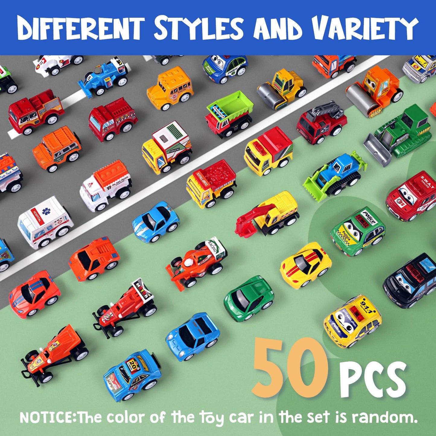 Mindpal 50 Pcs Toy Cars With Large Plastic Organizer, Pull Back Cars For Kids, Cars For Kids Ages 3-5, Birthday And Party Decora