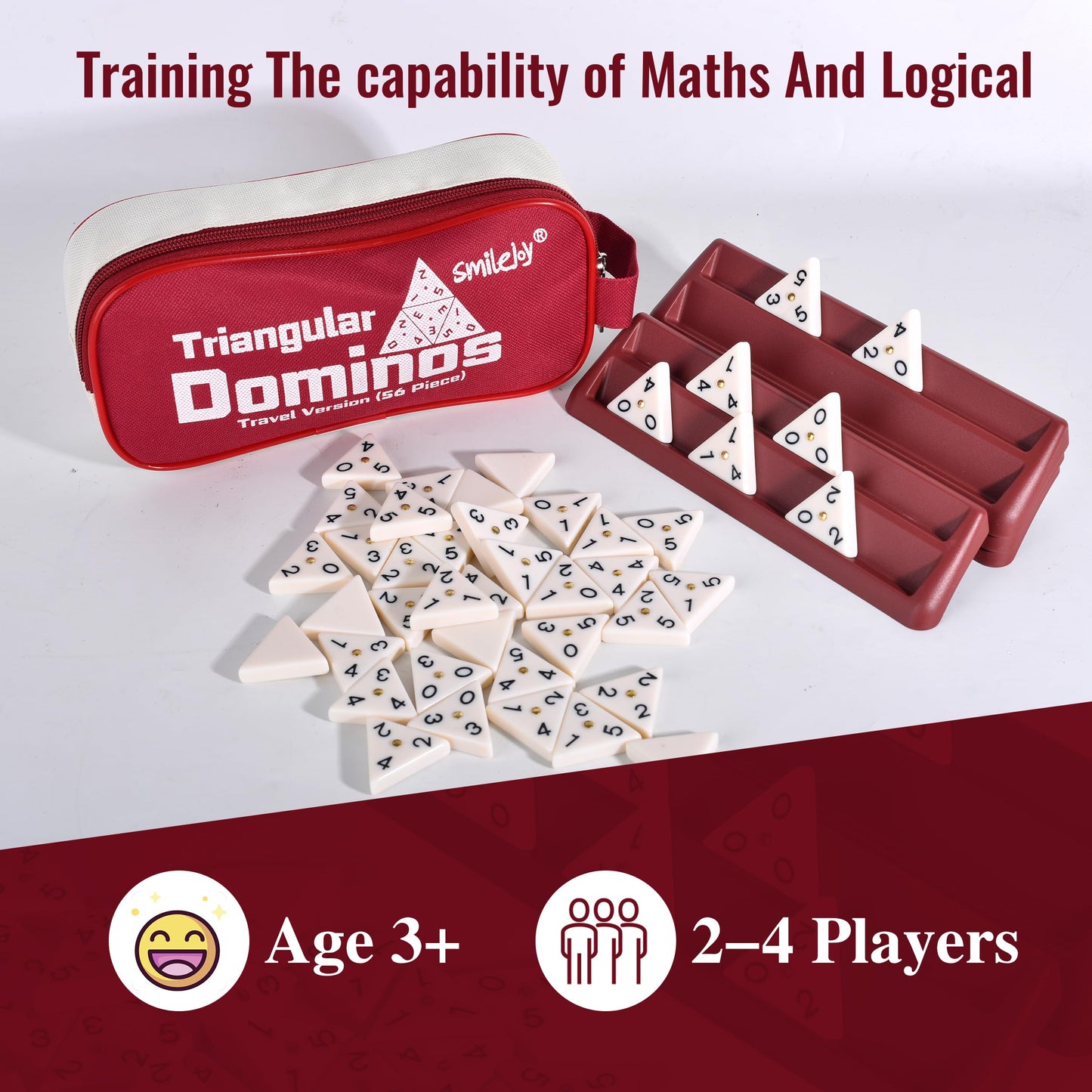 Smilejoy Triangle Domino Game - 56 Ivory Triangular Tiles with Brass Spinners, Standard Size, Ages 7+, 2-4 Players, Skill Training