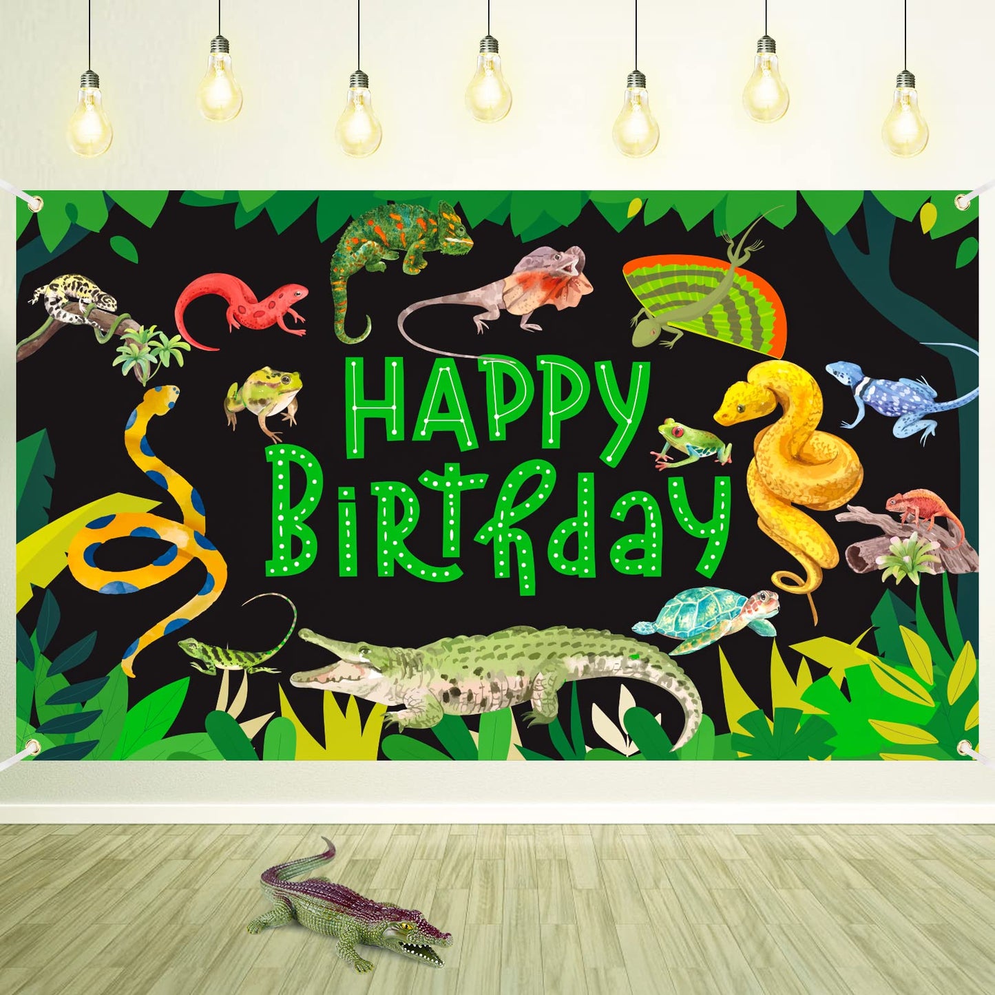 Reptile Swamp Happy Birthday Decorations Banner Jungle Wild One Party Banner for Kids Safari Animals Lizard Snake Turtle Alligat