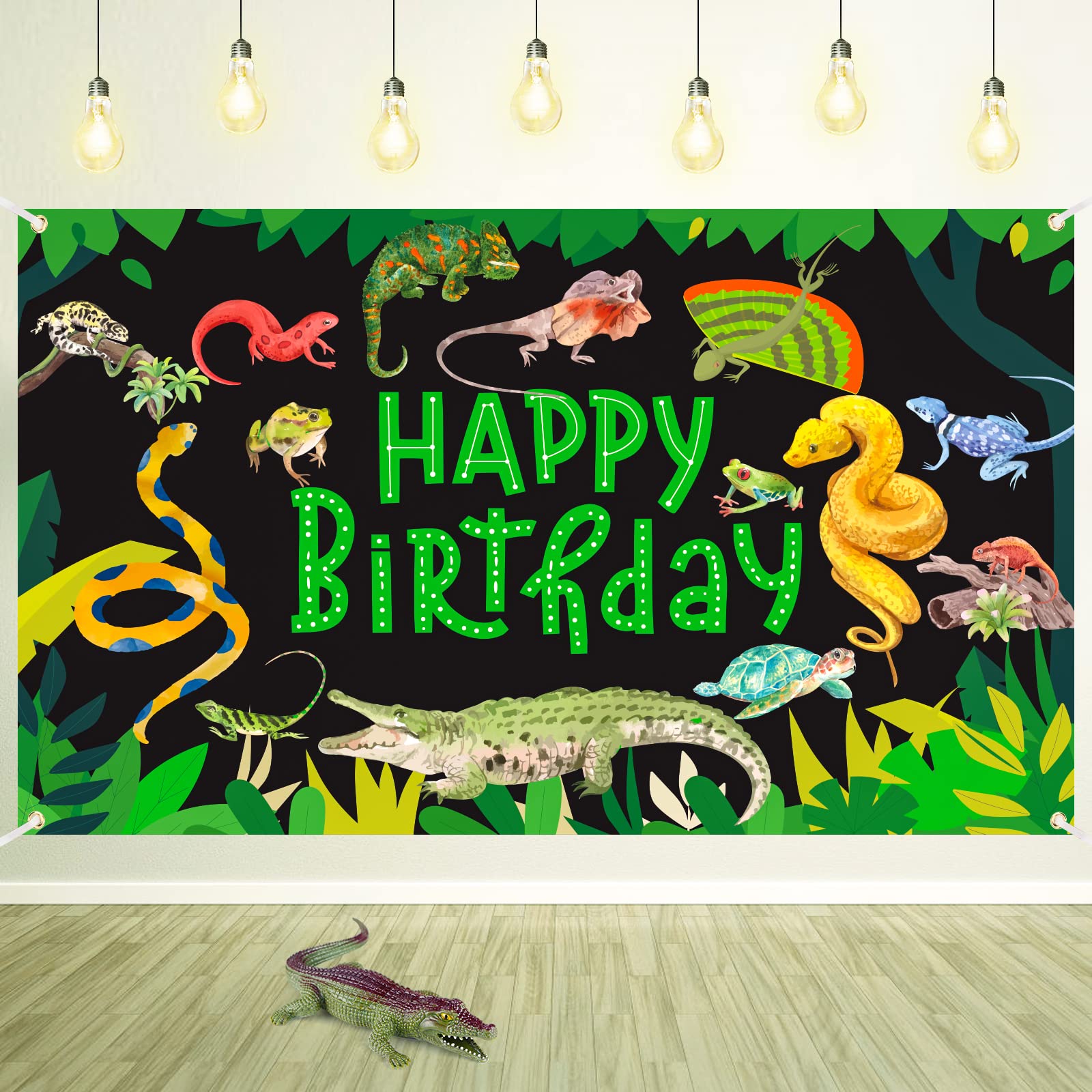 Reptile Swamp Happy Birthday Decorations Banner Jungle Wild One Party Banner for Kids Safari Animals Lizard Snake Turtle Alligat