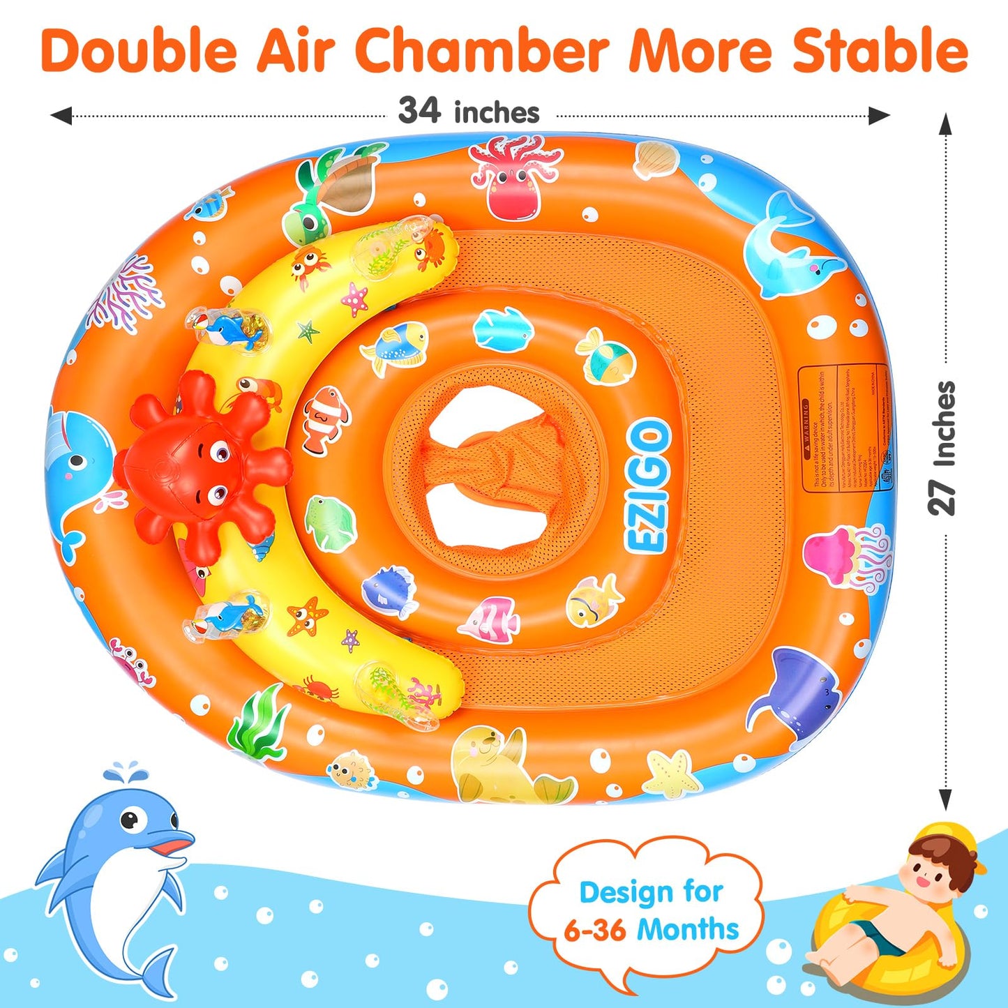 Ezigo Baby Pool Float With Canopy Upf 50+ Sun Protection, Double Air Chambers Infants Swimming Floats With Sound Toys Adjustable