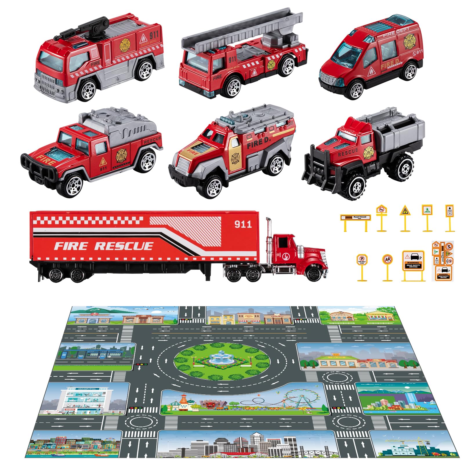 Temi Diecast Emergency Fire Rescue Vehicle Toy Set W/Play Mat, Truck Carrier,Ambulance, Alloy Metal Fighting Car For 3 4 5 6 Yea