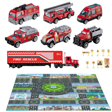 Temi Diecast Emergency Fire Rescue Vehicle Toy Set W/Play Mat, Truck Carrier,Ambulance, Alloy Metal Fighting Car For 3 4 5 6 Yea