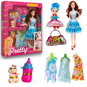 DZLING Pretty Fashion Doll Play Set for Girls with Baby Doll, Pet Dog, Handbag, Feeding Bottle, 3 Extra Dresses & Accessories  