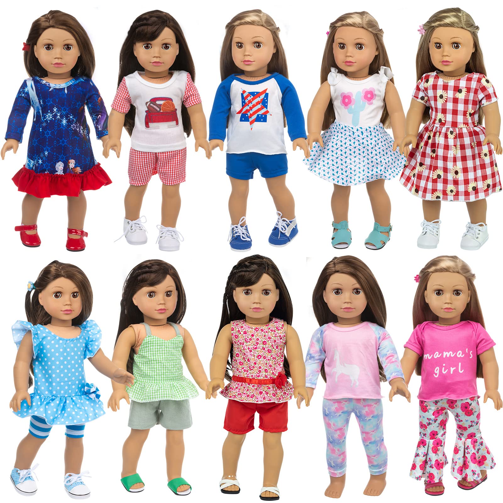 23 Pcs American Doll Clothes Dress and Accessories Sets for American 18 inch Dolls - Including 10 Complete Set of Clothing   Doll Accessories with Hair Bands and Hair Clip