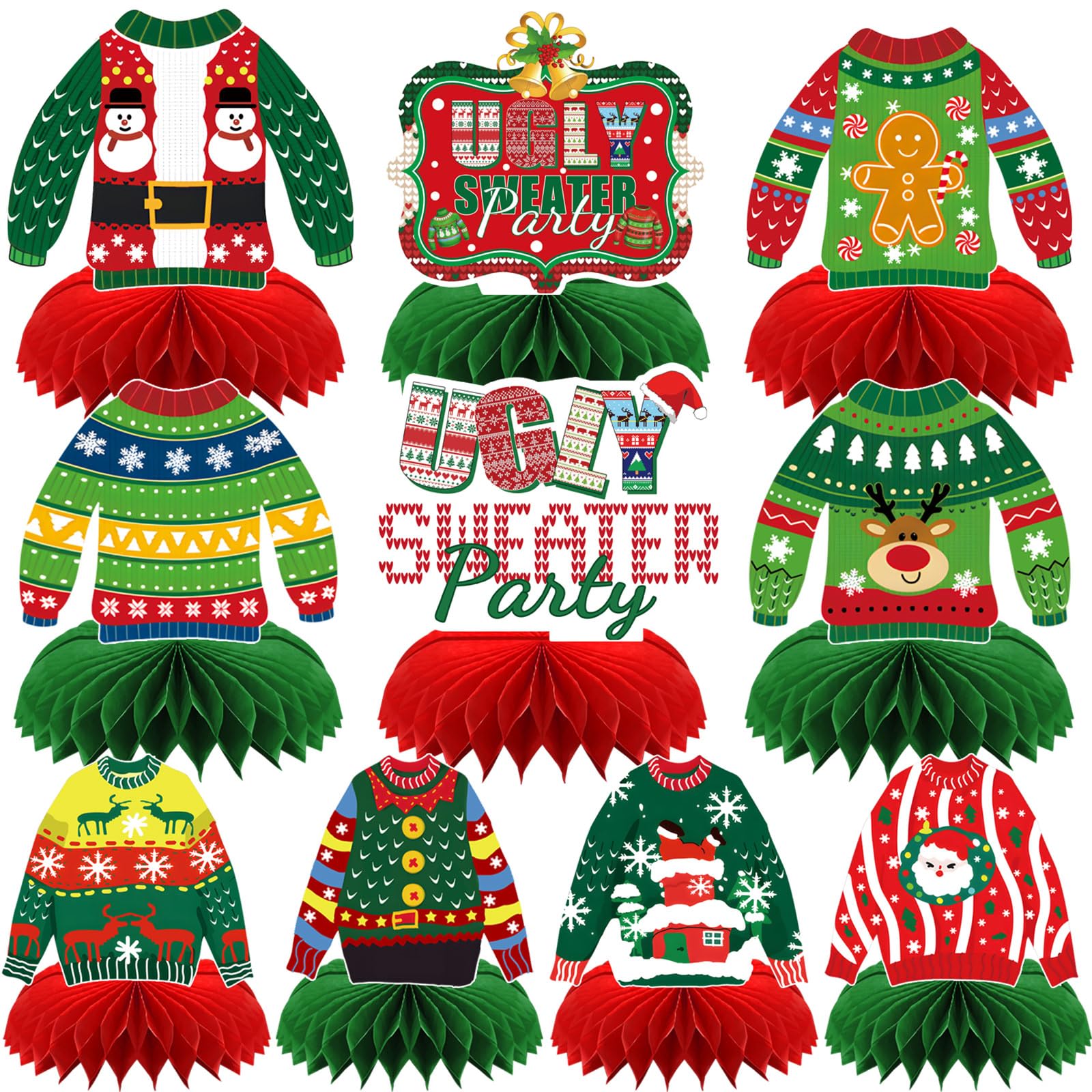 DTOFOOT 10 Pcs Christmas Ugly Sweater Party Decorations Honeycomb Centerpieces,3D Xmas Table Toppers Christmas Ugly Sweater Tabl