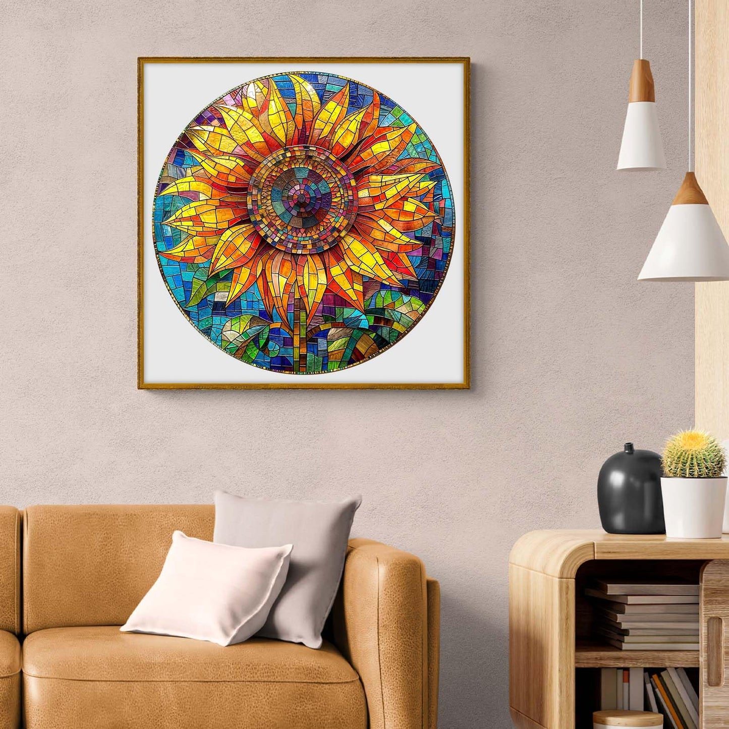 AEEKDOOK Wooden Puzzles for mature-themeds  Stained Glass Sunflower Wood Puzzles mature-themed - Unique Animal Shape Wooden Jigsaw Puzzles for mature-themeds for Puzzle Lovers (13.4 * 13.4in - 300 Pieces)