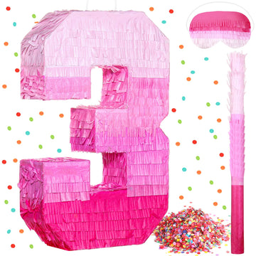 Sratte Number Piñata Pink Piñata Birthday Decorations Gradient With Stick Blindfold Confetti For Girls Boys Birthday Anniversary Party Decorations Supplies(Number 3)