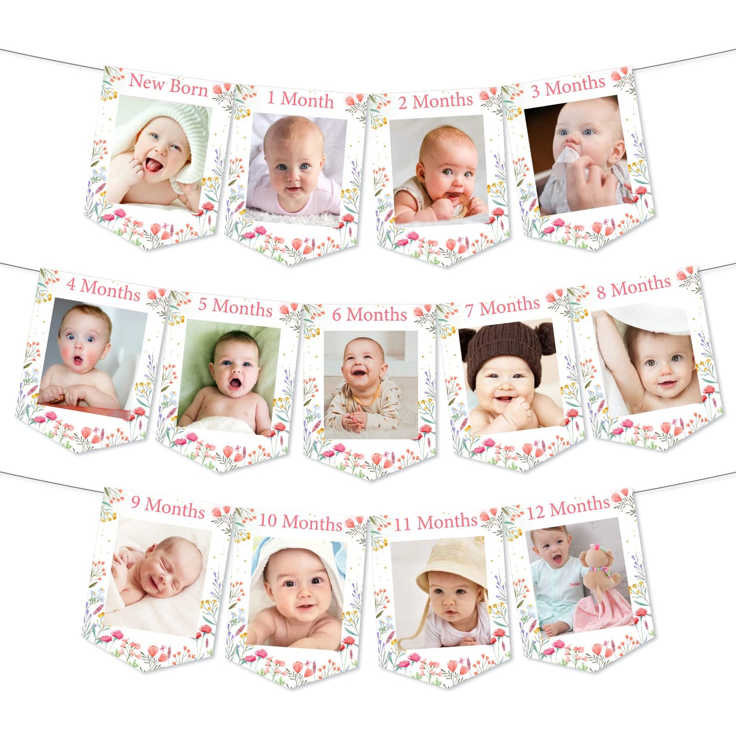 Fangleland Wildflower Theme 1st Birthday Photo Banner from Newborn to 12 Months for Girls, Growth Record Monthly Milestone Pictu