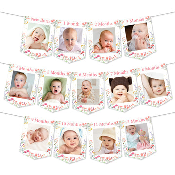 Fangleland Wildflower Theme 1st Birthday Photo Banner from Newborn to 12 Months for Girls, Growth Record Monthly Milestone Pictu