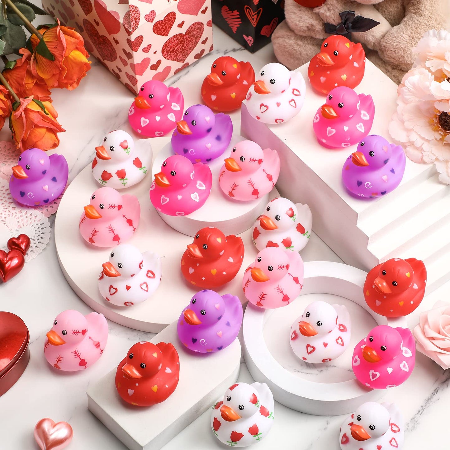24 Pcs 2 Inch Valentine Rubber Duckies Bulk Valentine'S Day Small Heart Rubber Ducks For Pool Bathtub Toys Classroom Prizes Birt