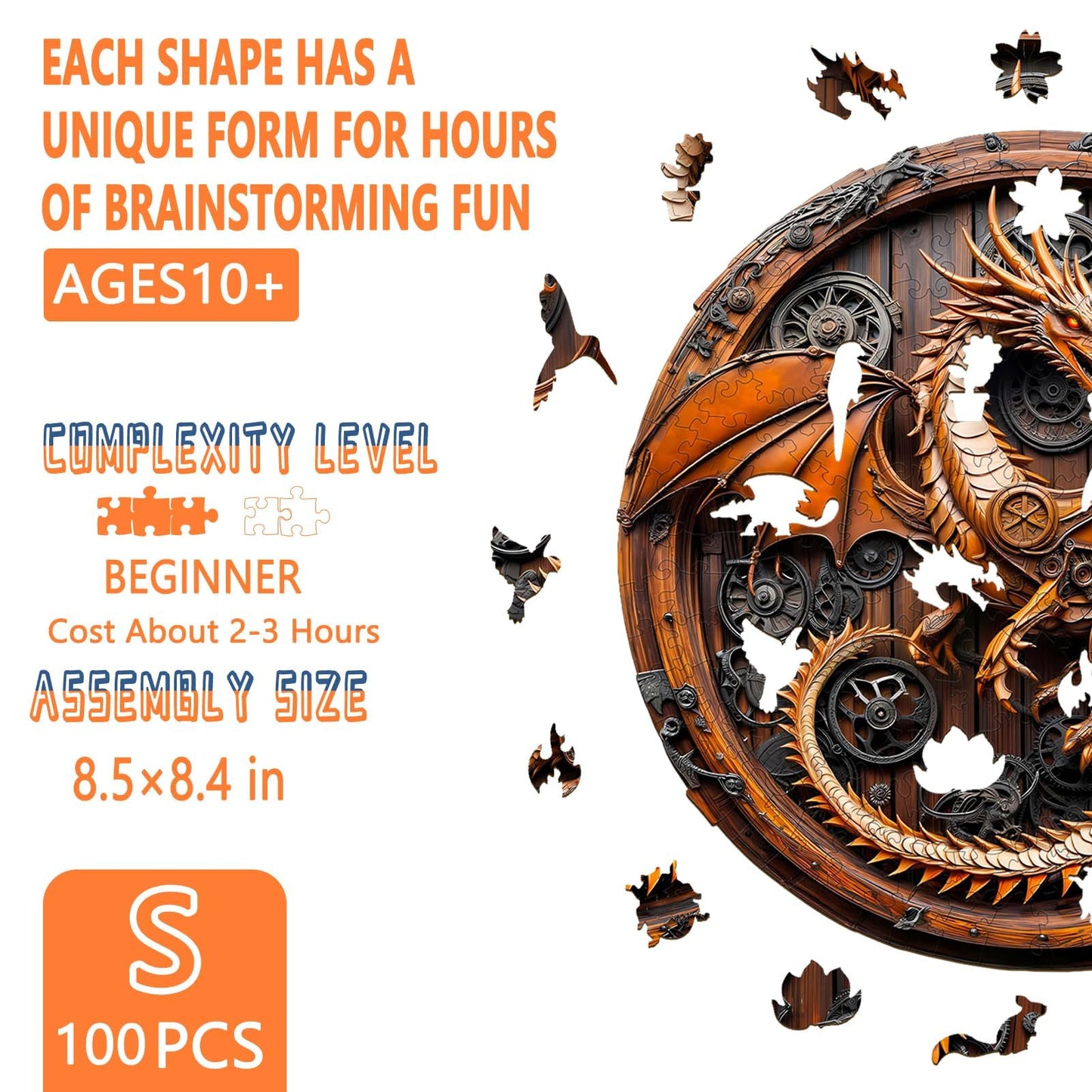 Wooden Puzzles for mature-themeds  Mechanical Dragon Wooden Jigsaw Puzzles for mature-themeds  Wood Puzzles mature-themed  Unique Animal Shape  Gifts for Friends and Family  Wall Art Canvas Puzzle (S -8.5 * 8.4in -100 pcs)