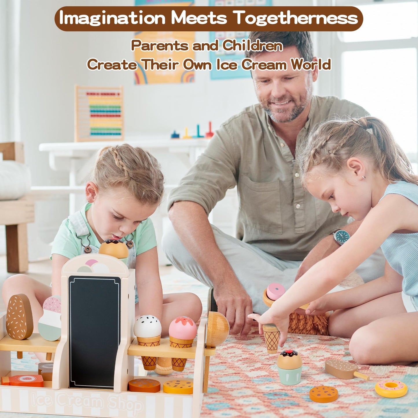 Wooden Ice Cream and Coffee Play Set for Kids, Pretend Play Toy Ice Cream Shop & Coffee Maker for Toddlers Ages 3-5, for Boys &