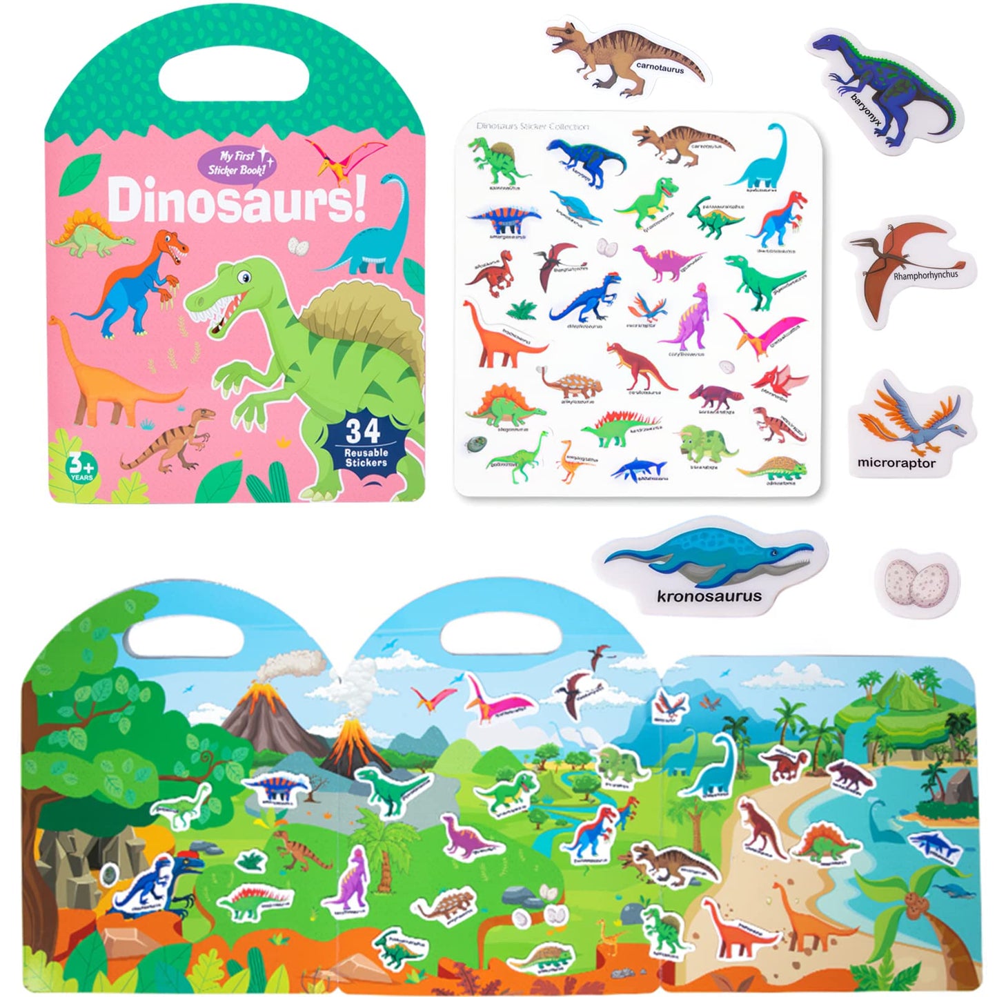 Portable Jelly Sticker Quiet Book For Kids, Reusable Sticker Book For Toddlers, Preschool Learning Activities Travel Toys (Dinosaurs)