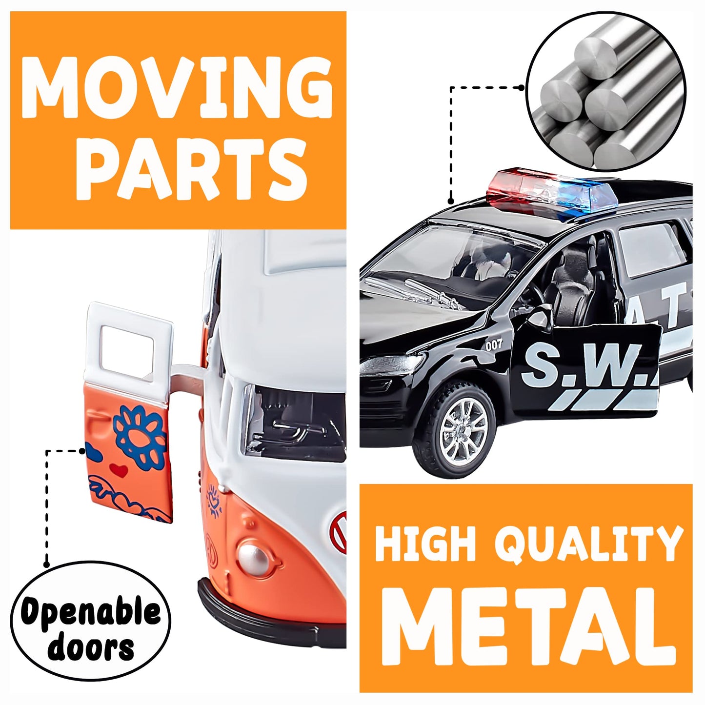 KIDAMI Die-cast Metal Toy Cars Set of 5, 1:64 Scale, Openable Doors, Pull Back, Official Car
