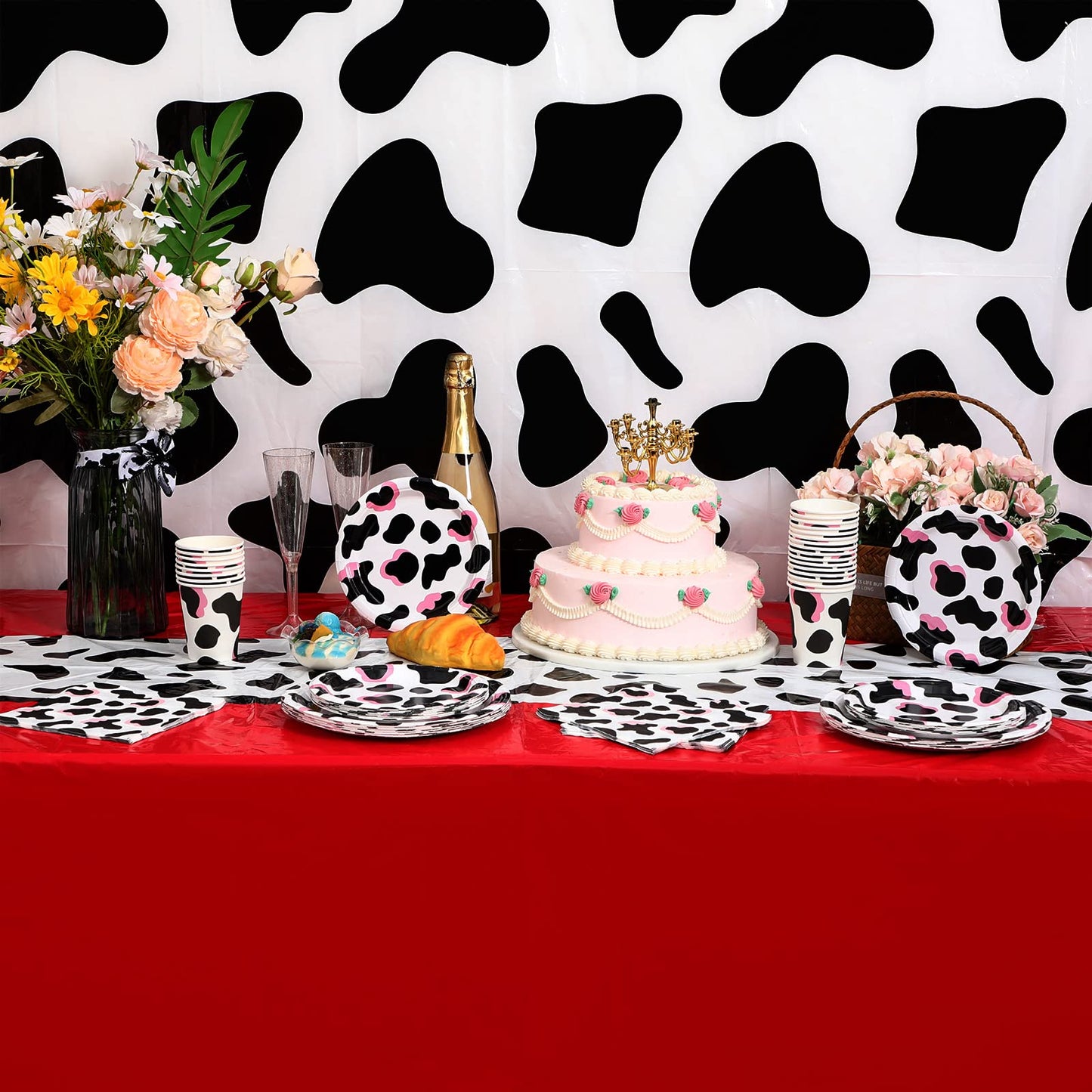 Hosuly 6 Pcs Cow Print Tablecloth Kids Birthday Party Plastic Tablecloth Set 54 x 108 Table Cloth Solid Rectangular Table Cove