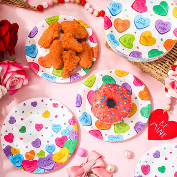 Potchen 100 Pcs 7 Inch Valentines Day Paper Plates Disposable Conversation Heart Paper Plates Round Sweetest Day Plates Decorat