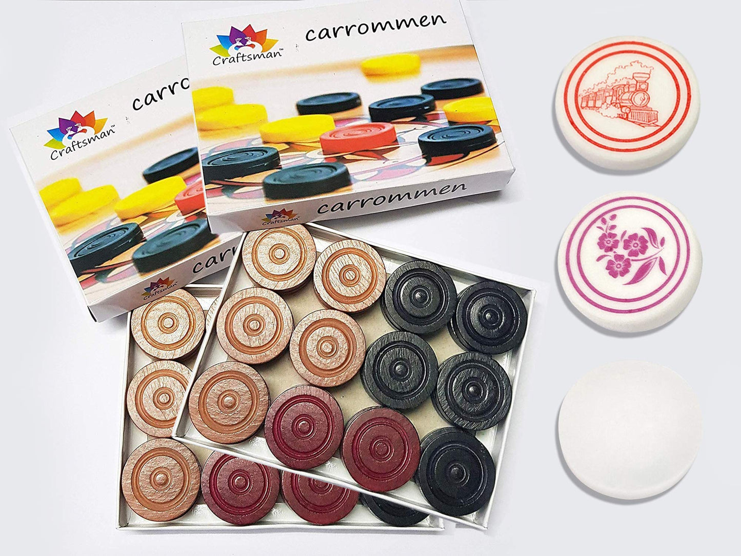 Craftsman Carrom Coin Set of 24 Coins Sheesham Wood Champion Carrom Coins + Striker (2 Pack + 3 Striker)
