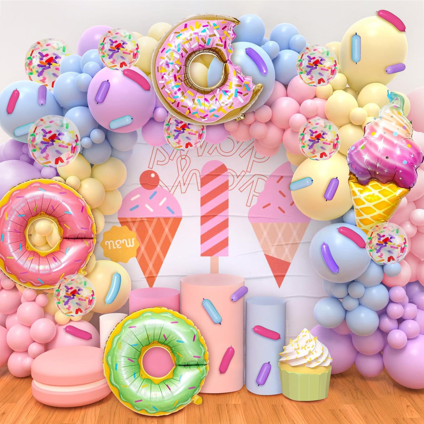 163Pcs Pastel Donut Balloon Arch Garland Kit, With Pastel Rainbow Balloon, Sprinkle Confetti And Ice Cream Foil Balloons For Swe