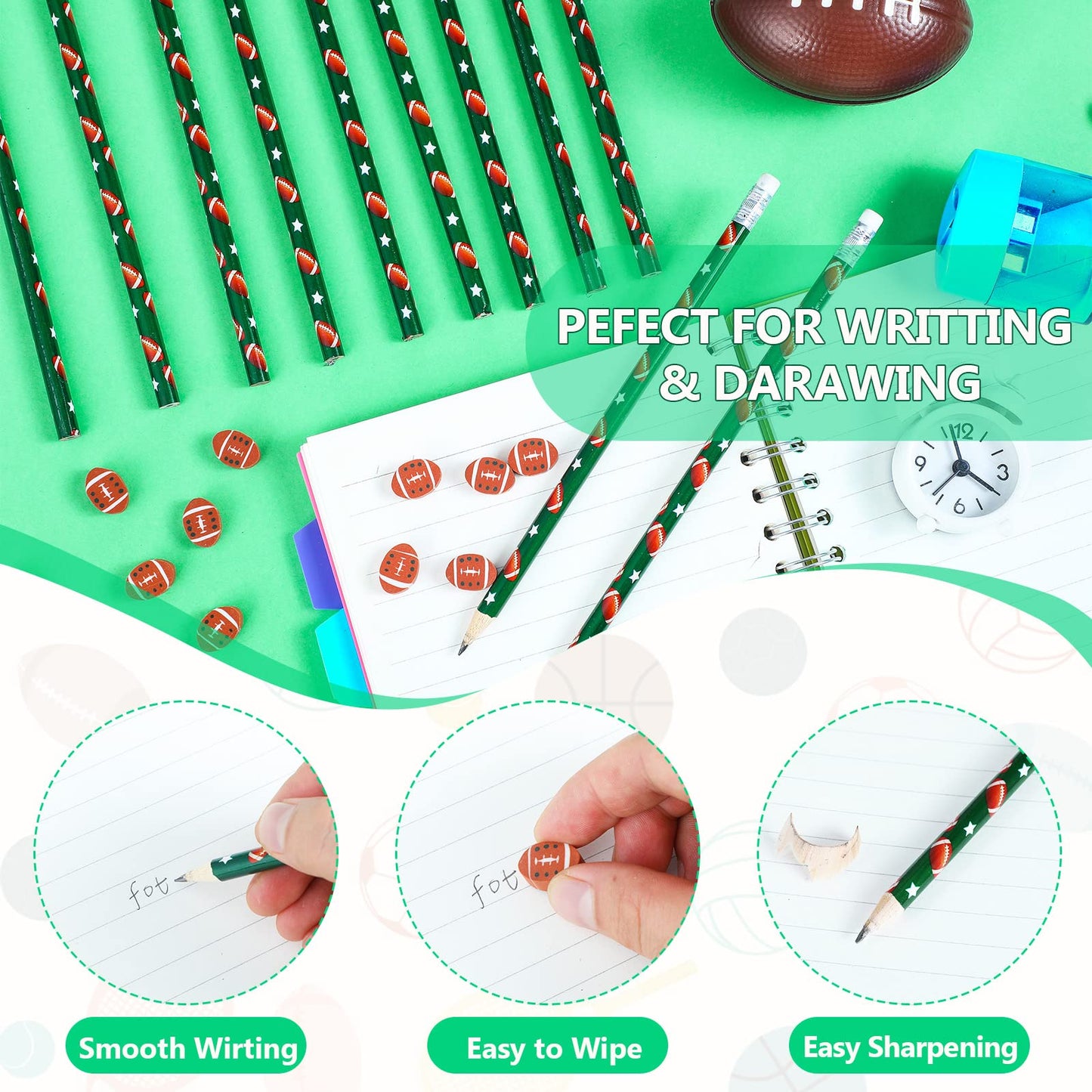 Tinlade 72 Pcs Sports Pencils And Erasers For Kids Fun Wooden Pencils For Kids Boys Sports Themed Birthday Party Favors Students Stationery Party School Office Supplies(Football)