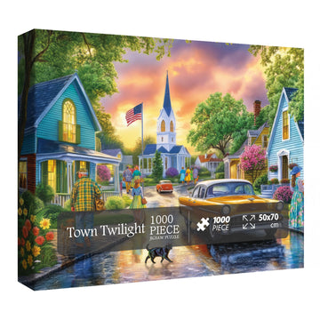 Sunset City Street Puzzle For Adults 1000 Pieces, Colorful Vintage Landscape Jigsaw Puzzle, Cat Puppy Car Flower Puzzle
