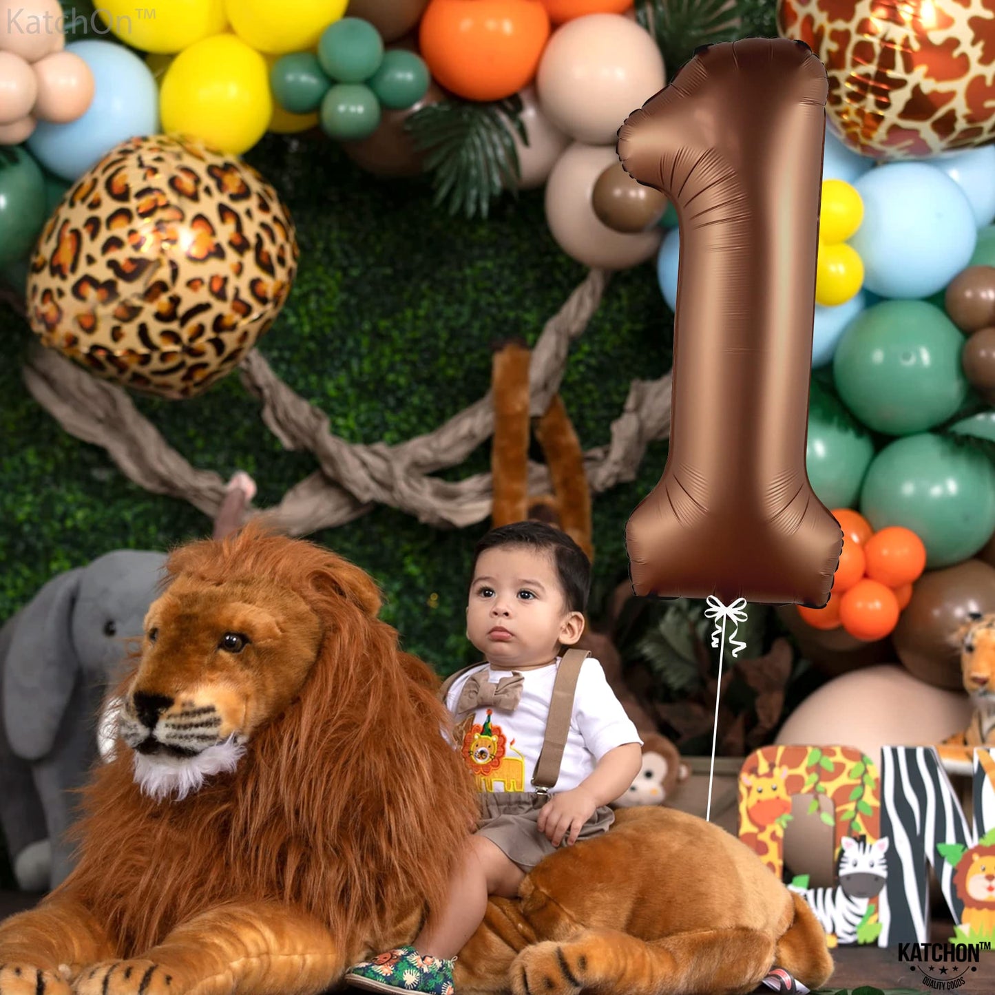 Big, Brown 1 Balloon Number - 40 Inch, Brown 1 Birthday Balloon | Number 1 Balloon Brown, 1St Birthday Decorations | Safari Theme Party Decorations | 1 Year Old Balloon For 1St Birthday Party Supplies