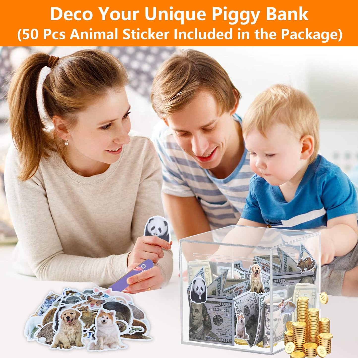 Totola Clear And Unopenable Piggy Bank, Transparent Money Box For Cash Savings, Must-Break-To-Open Acrylic Coin Bank Change Jar For Real Money, Birthday Gifts For Kids & Adults (Square, Large)