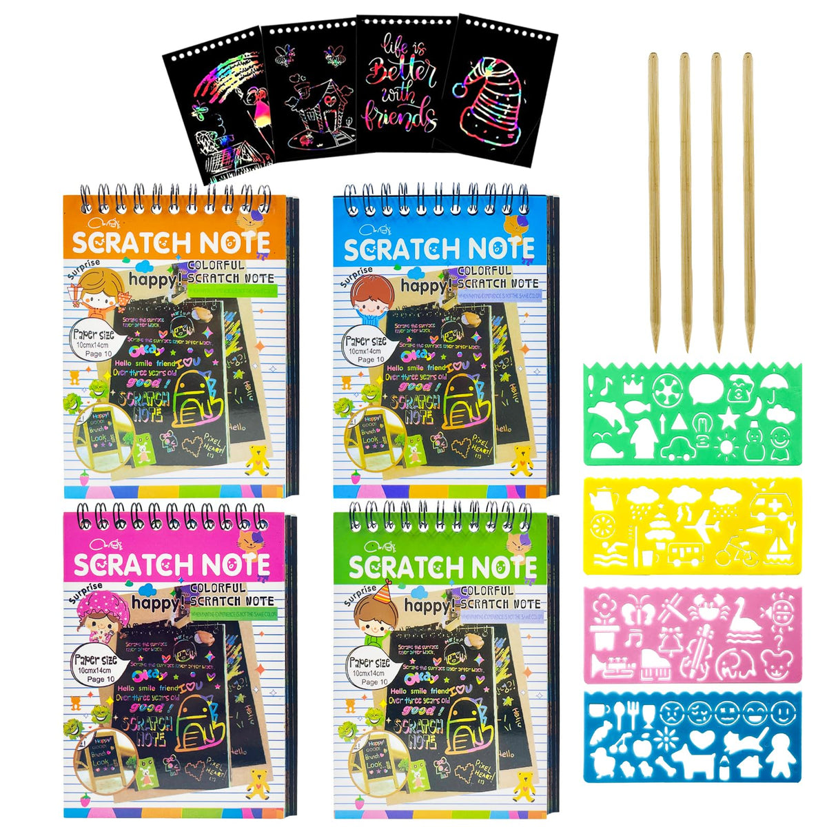 Promote Rainbow Scratch Art Notepads Set  4 Rainbow Scratch Notebooks (10 Sheets Each) + 4 Wooden Stylus Pens & 4 Drawing Stenc