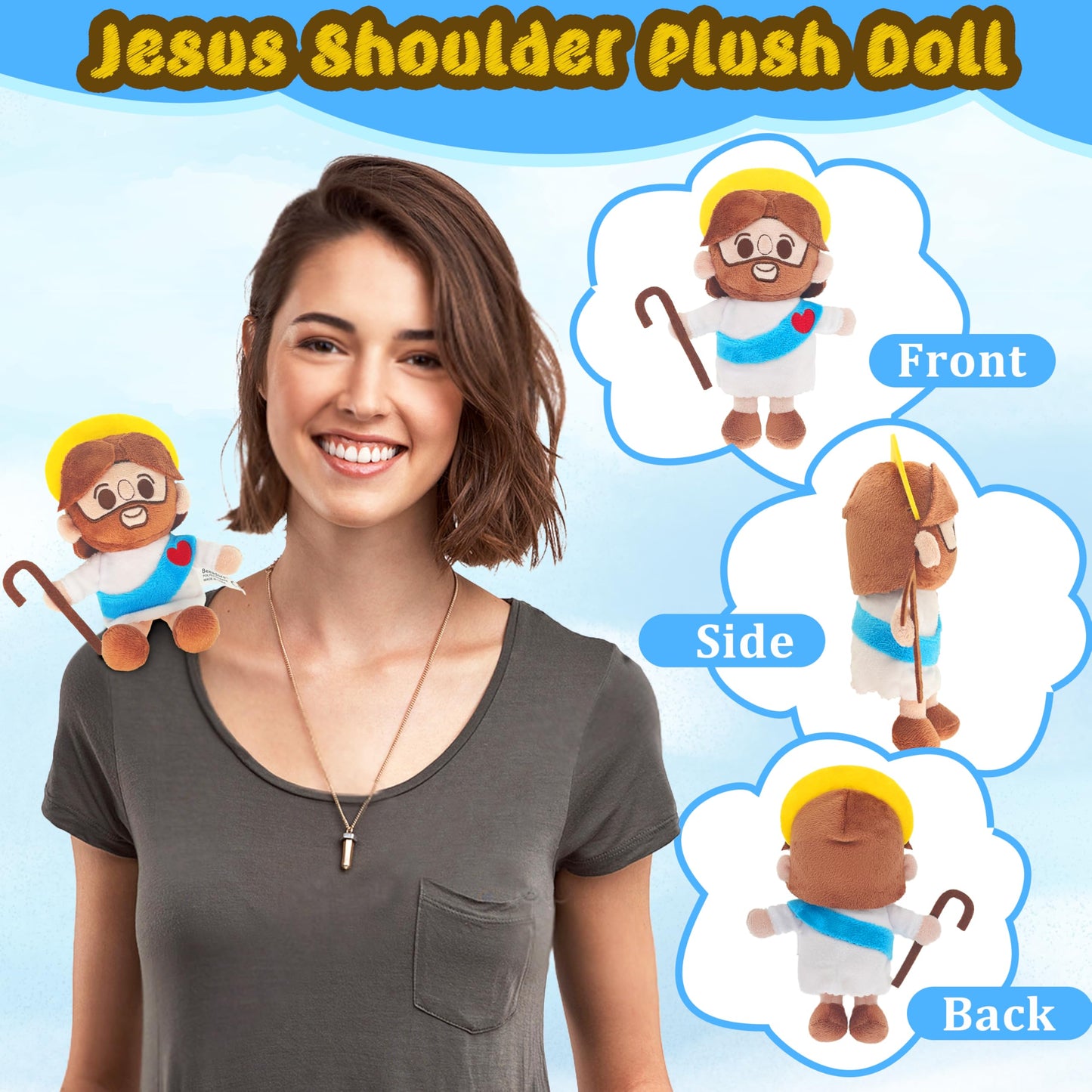 Beeadore Jesus Toys Figures 7, Jesus Plush Doll Shoulder Stuffed Animal Costume Props Room Decor Christian Religious Party Favor