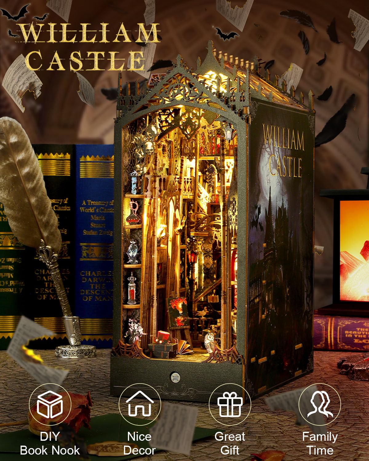 Ourmiao Book Nook Kit William Castle, Diy Booknooks Kit For Adults Teens With Sensor Lights, Bookshelf Diorama Miniature Scenes