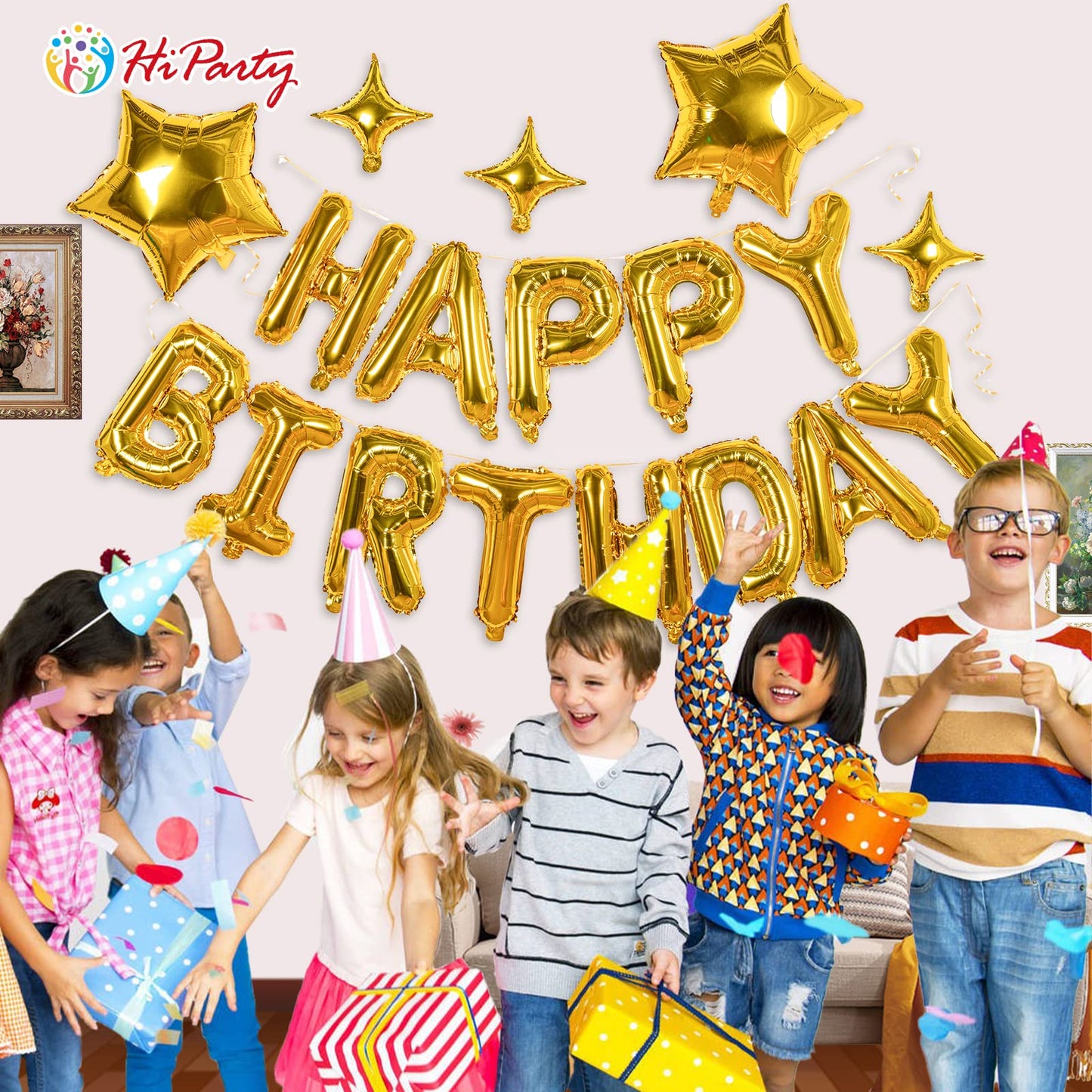 23Pcs Birthday Balloons Banner, 3D Gold Premium Mylar Foil Ecofriendly Letter Happy Birthday Banner With 5Pcs Star Balloons Kits