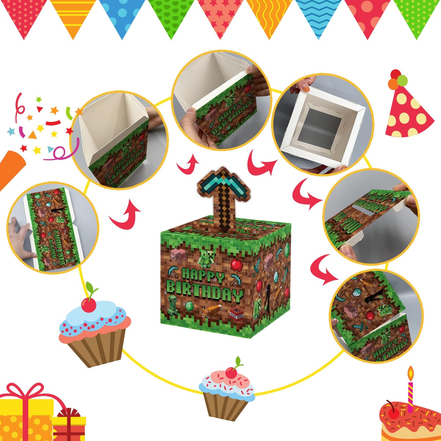 Surprise Money Box Gift Pull For Game Lover- Pixel Game Happy Birthday Money Box For Cash Gift Set Included Happy Birthday Card
