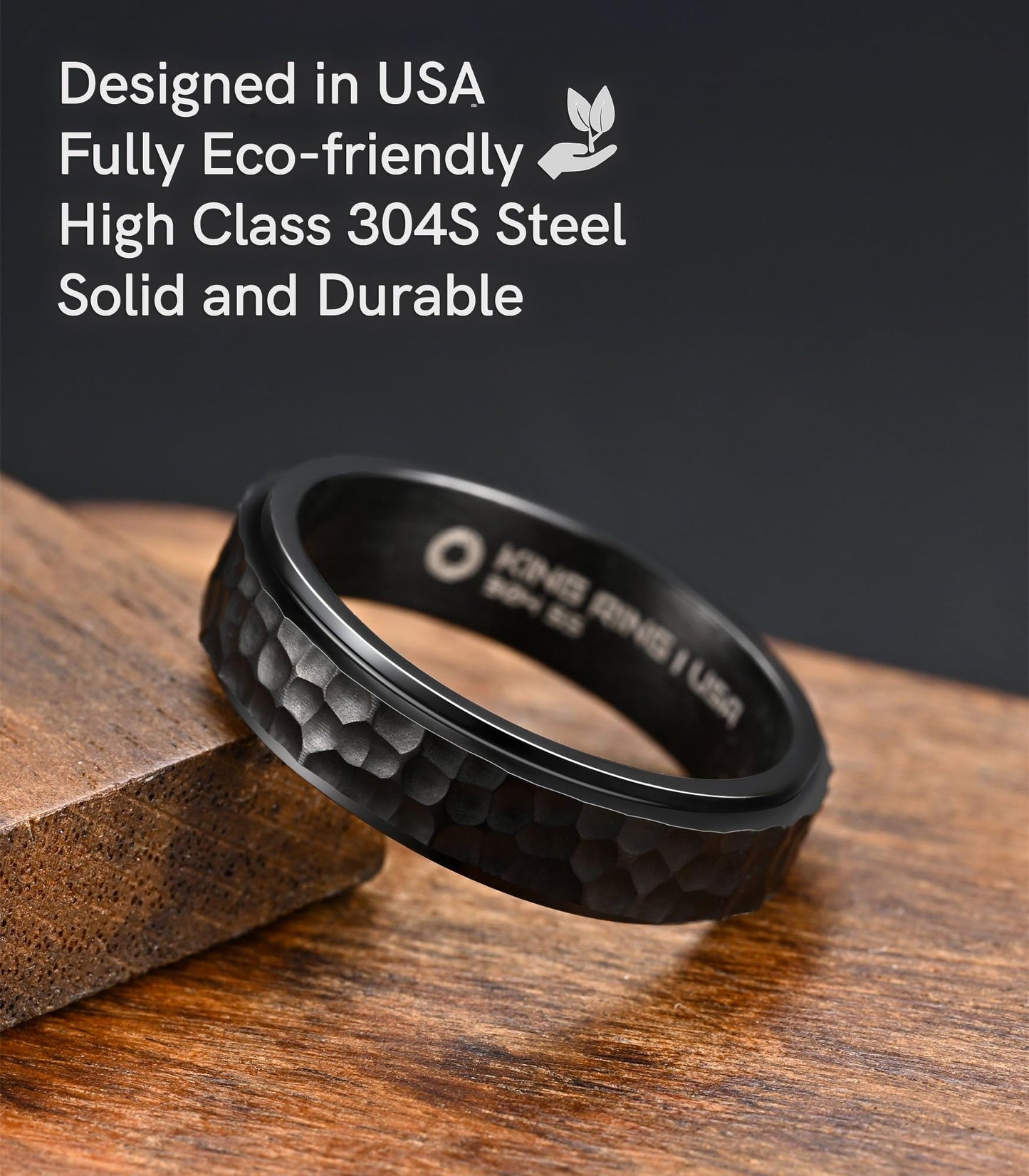 King Ring 6mm Spinner Hammered Ring - Stress Relief Fidget Ring for Men & Women K39V2 - Black 06