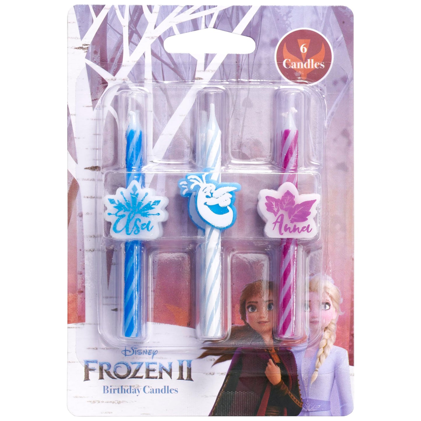 DecoPac Disney Frozen II Birthday Cake Candles, 6 Multicolor Wax Candles Featuring Anna, Elsa & Olaf, Model 45964