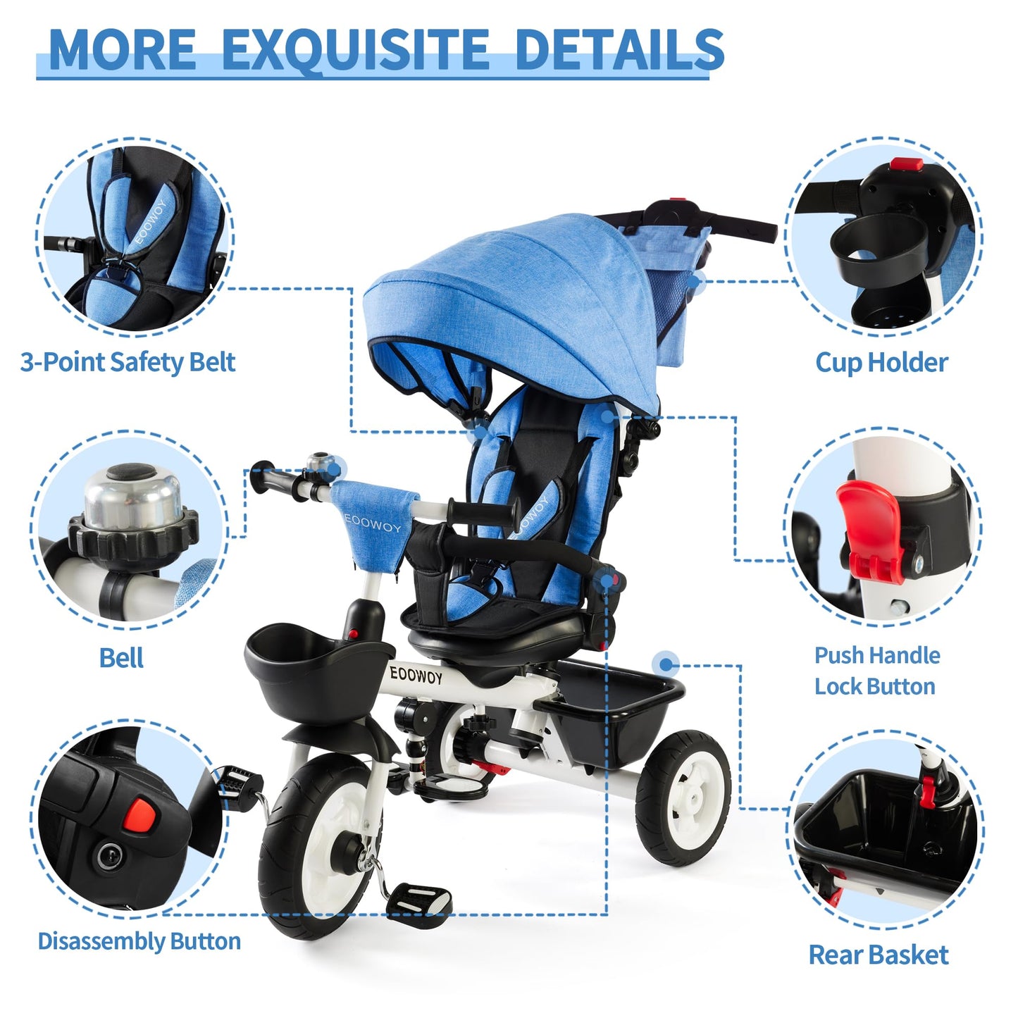 EOOWOY Baby Trike, 6-in-1 Kids Tricycle with Adjustable Push Handle, Removable Canopy, Safety Harness for 18 Months - 5 Year Old