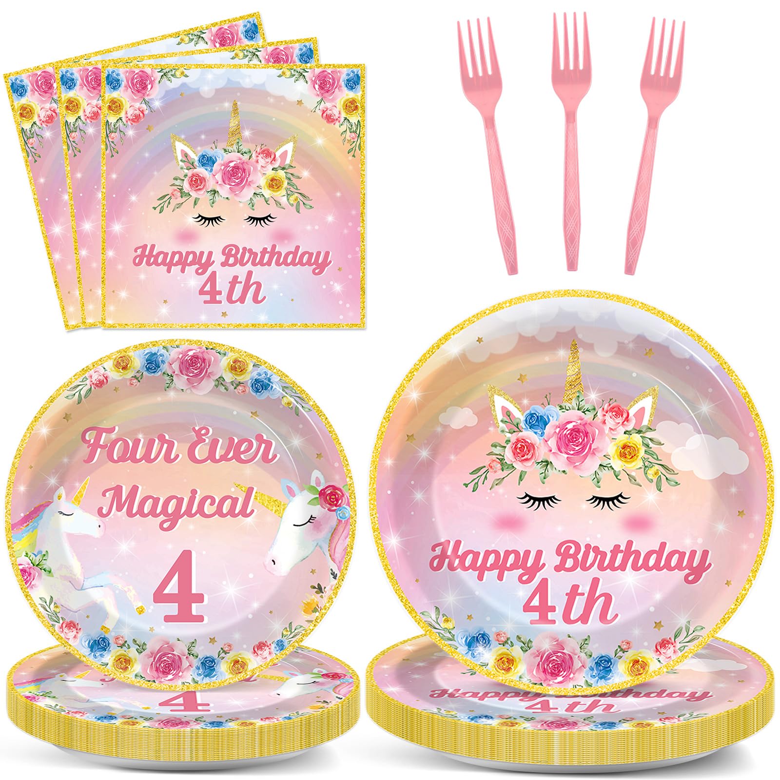 96PCS Four Ever Magical Party Paper Plates and Napkins Unicorn 4th Birthday Party Decor Rainbow Unicorn Plates 4 Year Old Tablew