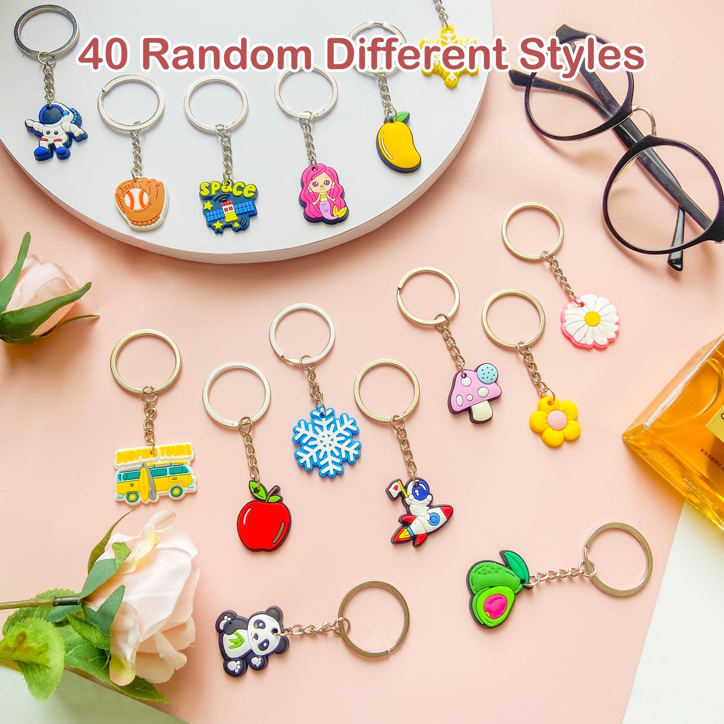 Jongdari 40pcs Cute Keychains for Kids, Random Different Cartoon Assorted Mini Funny Backpack Key Chain Charms Bulk, Classroom P