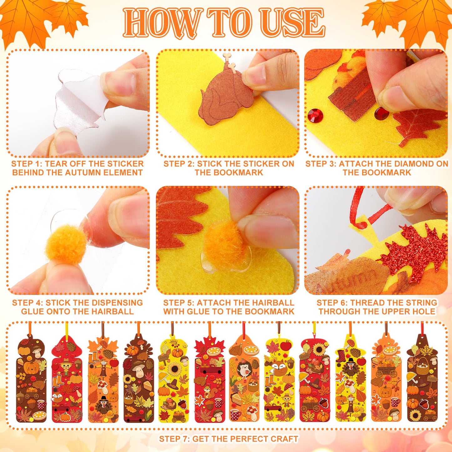 Resholder 48 Sets Thanksgiving Bookmark Crafts Kits 490 Pcs DIY Turkey Felt Decorations Art Bulk Fall Pumpkin Maple Leaf Craft K