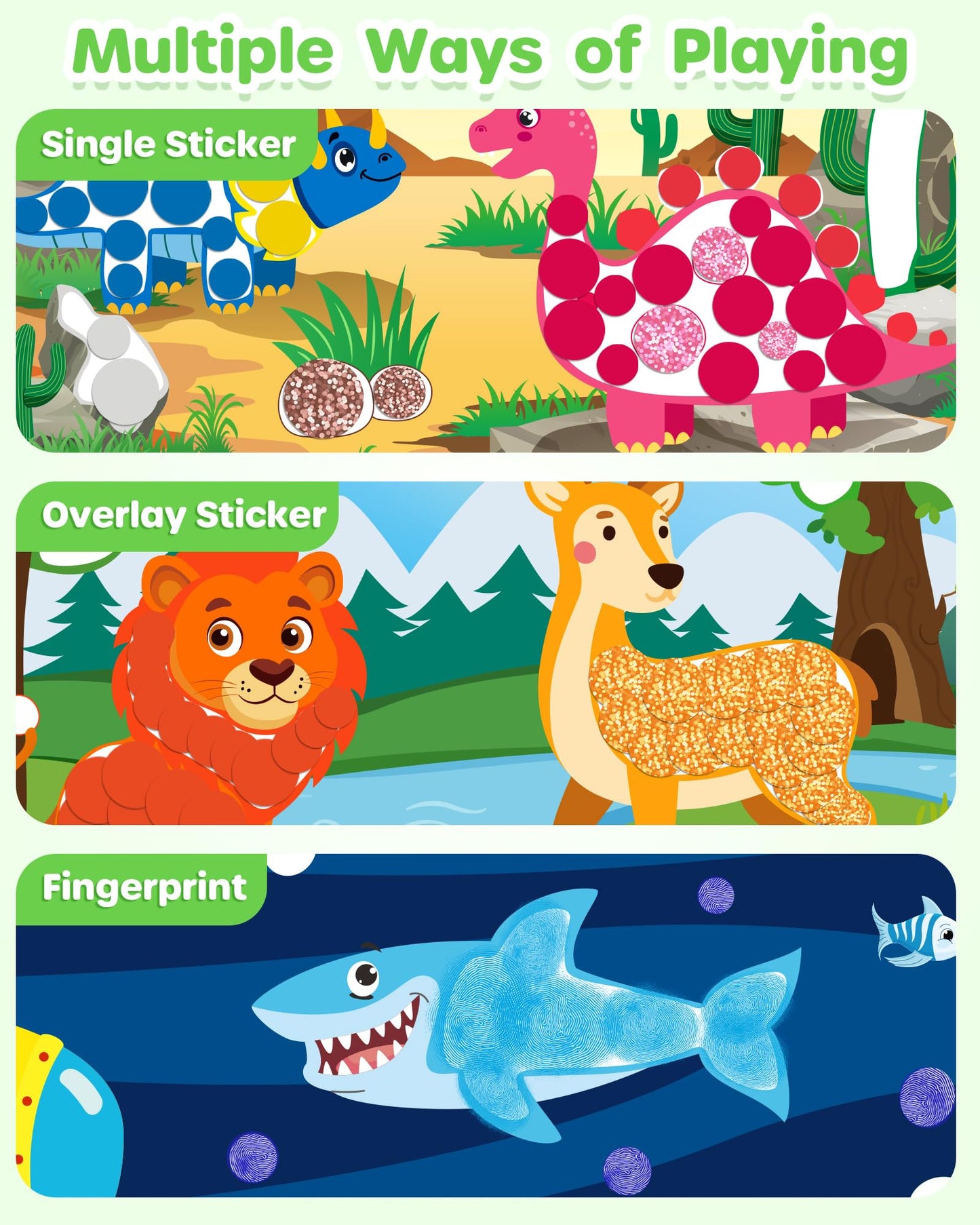 D-FantiX Dot Art Sticker Activity Book with Ink Pad, Mess-Free Finger Painting for Toddlers, Dinosaur, Animal, Outer Space, Vehi