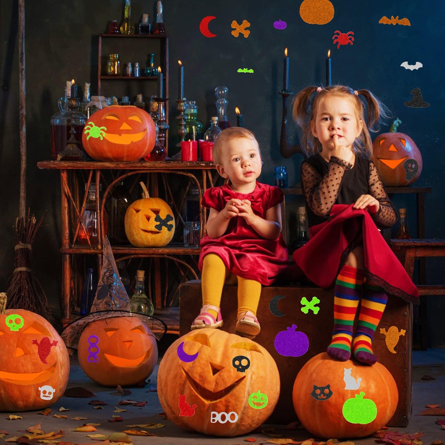 JULBEAR 300 Pieces Halloween Foam Stickers Glitter Self-Adhesive Pumpkin Spider Bat Craft Stickers for Kids Halloween Party Favo