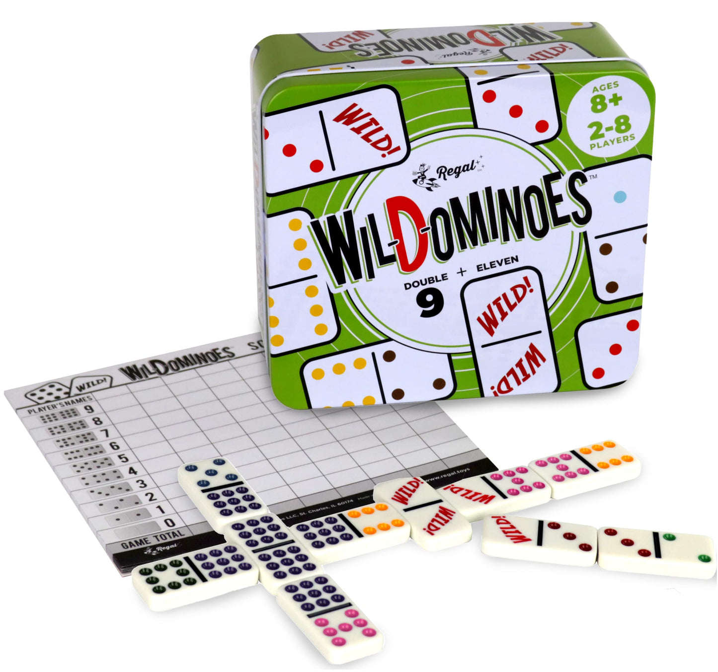 Regal Games Wild Spinner Dominoes - Fun Family Game for 2-8 Players, Includes Score Pad & Rules, Compatible with Spinner & Double 9