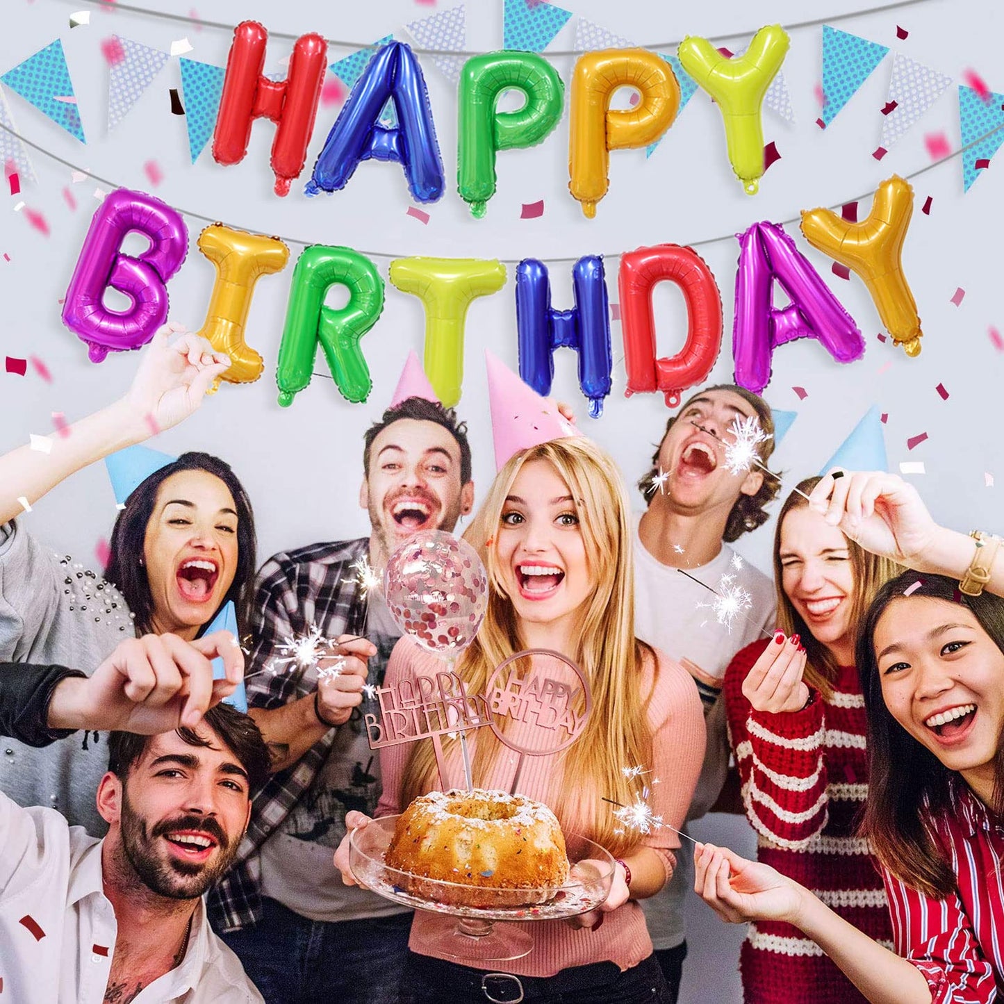 16 Inch Happy Birthday Banner Balloon, Rainbow Happy Birthday Letters Foil Balloons, Self Inflating Multicolor Happy Birthday Ba