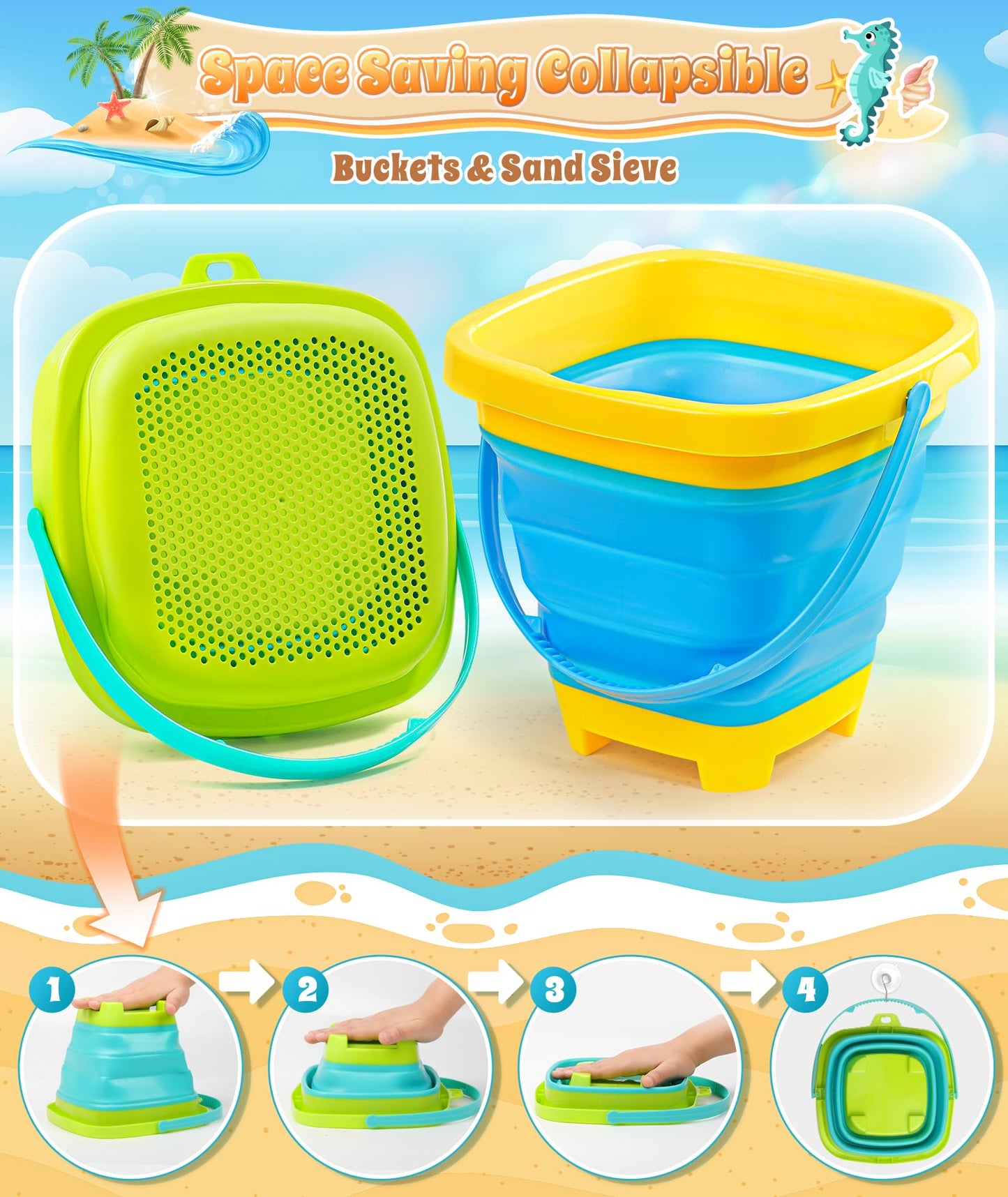 Duducofu Collapsible Beach Sand Toys For Kids Toddlers, Collapsible Sand Bucket With Sifter Shovels Set With Mesh Bag And Sand M