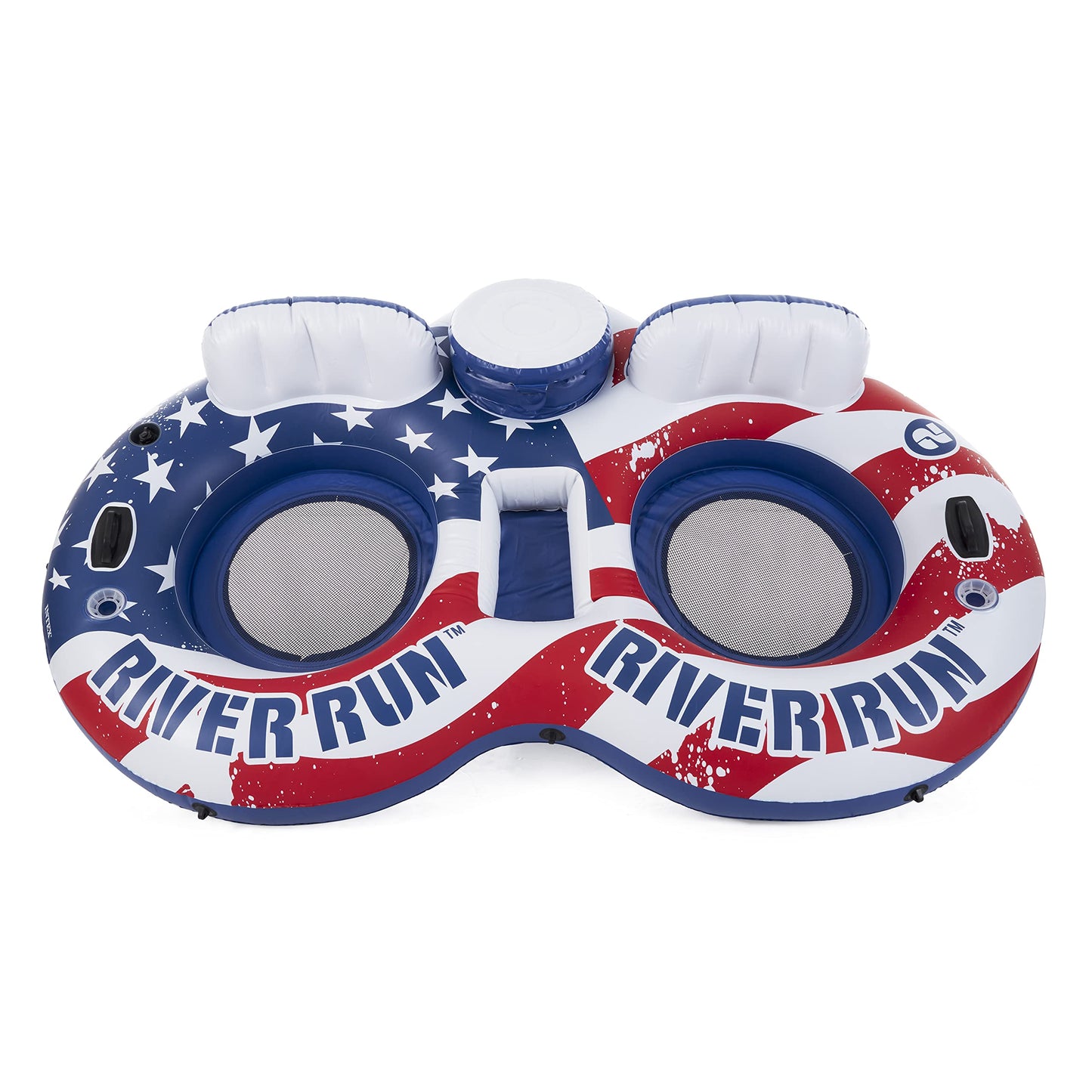 Intex 56855Vm River Run Inflatable American Flag 2 Person Water Lounge Pool Tube Float With Cooler, Cup Holders, And Easy Patch Repair Kit (2 Pack)