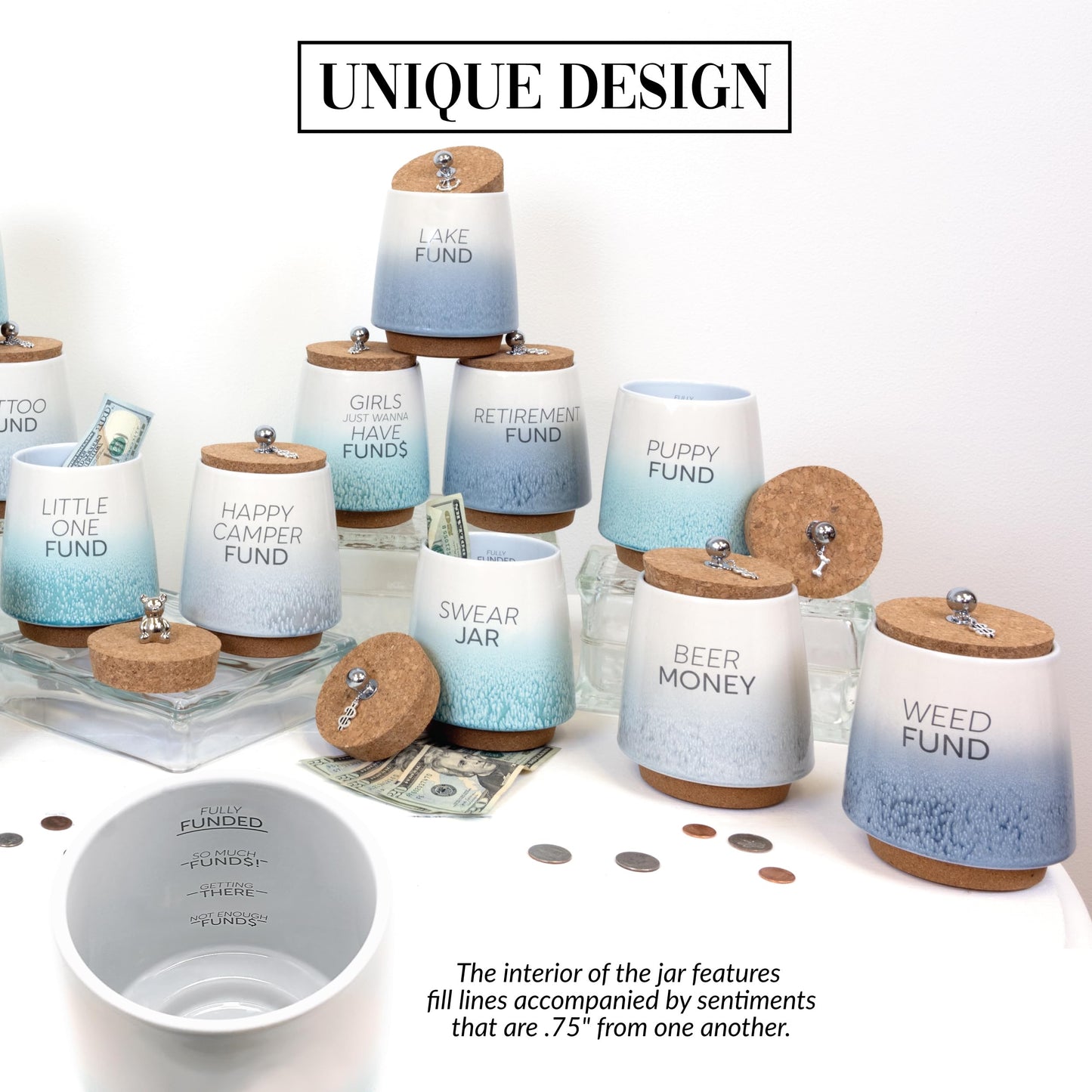 Pavilion Gift Company -  Fund 6.5-inch Unique Ceramic Piggy Bank Savings Bank Money Jar with Cork Base and Cork Lid  Ombre Blue