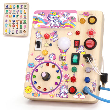 Wakeinsa Toddler Busy Board,Montessori Toys For 1-3 Years Old,Baby Sensory Board,Wooden Learning Toys,Christmas & Birthday Gift For Boys & Girls (Unicorn Busy Board V2)
