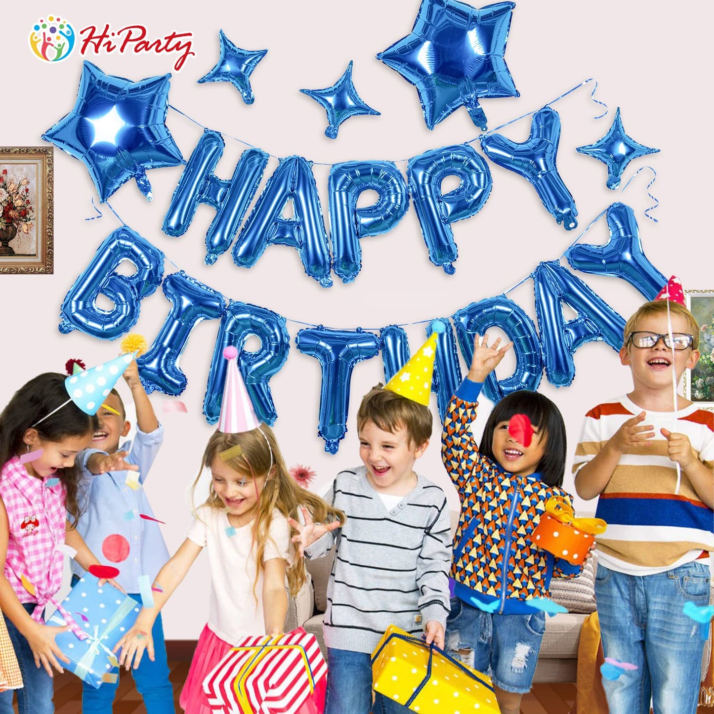 Hiparty 23Pcs Birthday Balloons Banner, 3D Blue Premium Mylar Foil Ecofriendly Letter Happy Birthday Banner With 5Pcs Star Ballo
