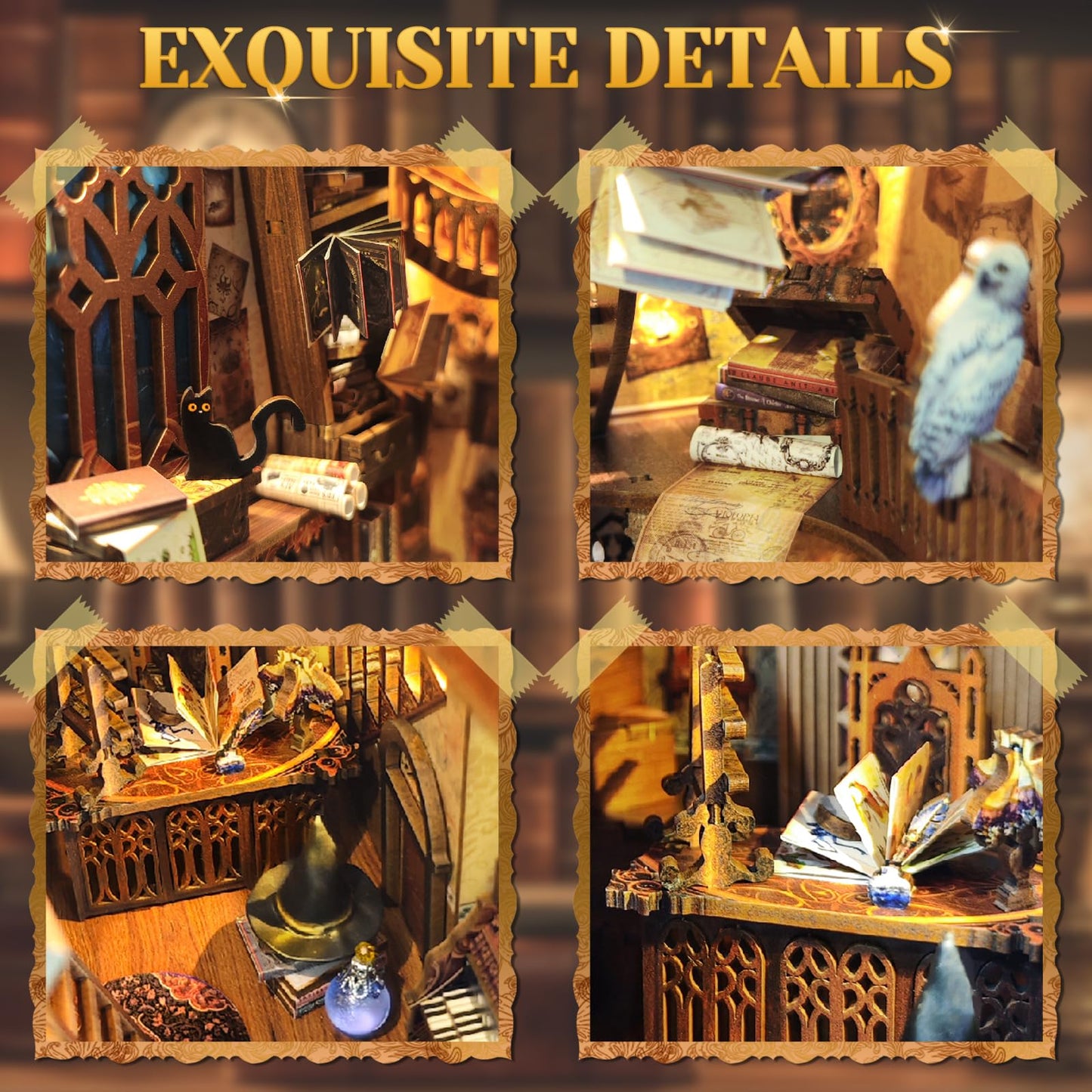 Quanquer Diy Book Nook Kit - Diy Dollhouse Booknook With Led Light - 3D Wooden Puzzle Miniature House Kits Bookends - Diy Crafts For Adults - Bookshelf Insert Decor - Gifts Family And Friends