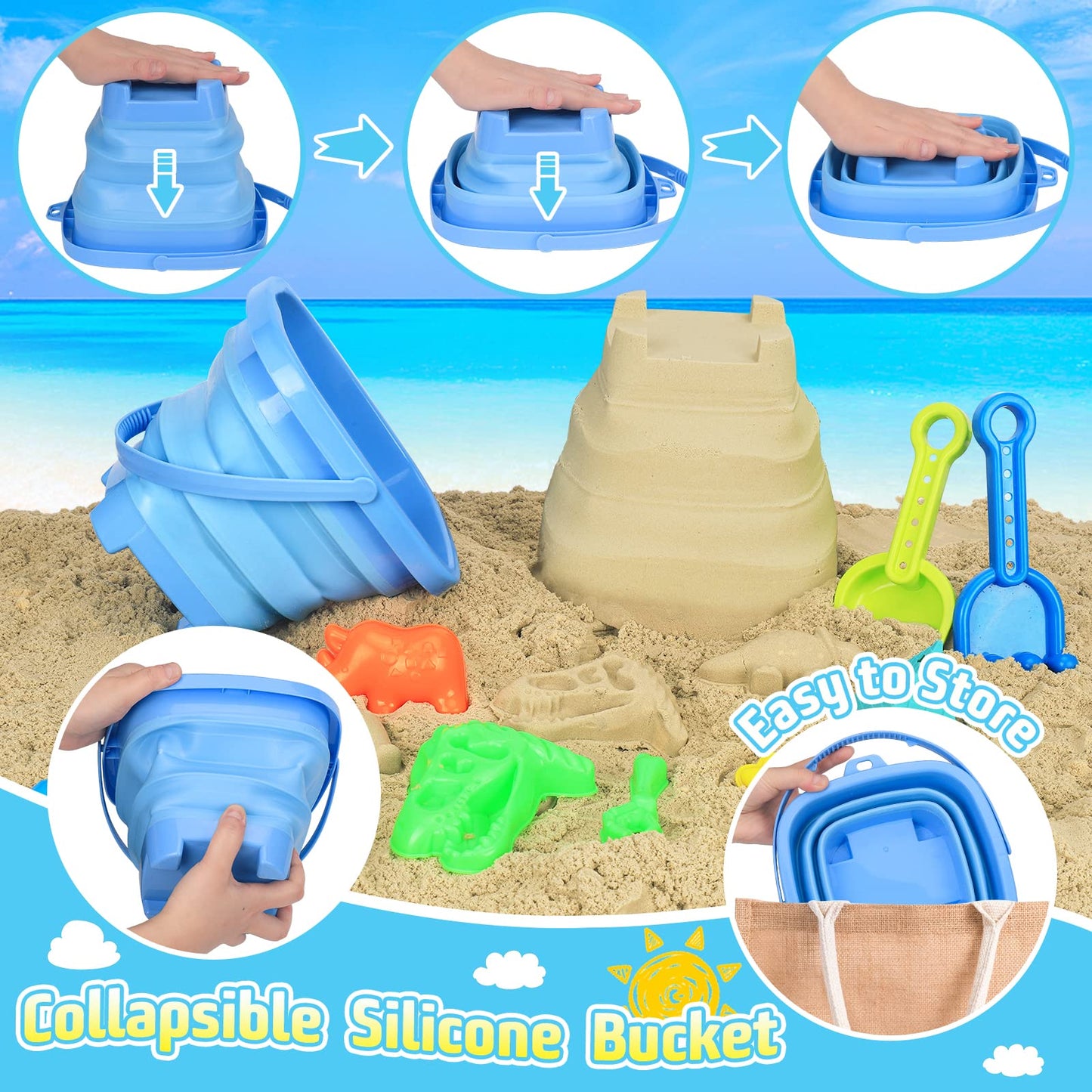 FUSPWEAO Beach Toys, Dinosaur Sand Toys with Dump Truck and Collapsible Beach Bucket, Shovel and Rake, Mesh Bag, Animal Dinosaur