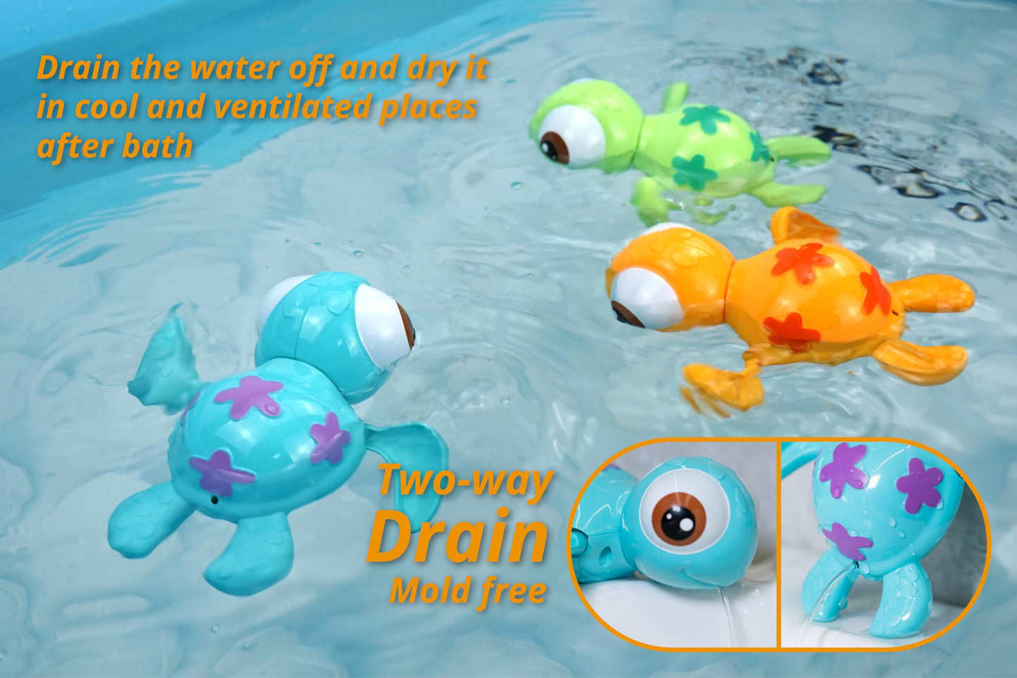 DUCKBOXX XX Wind-up Swimming Sea Turtles Bath Toy, Mold-Free ABS, Multicolor, Small, Model 588, Interactive Montessori Toy for Kids 18M+ (3pcs)